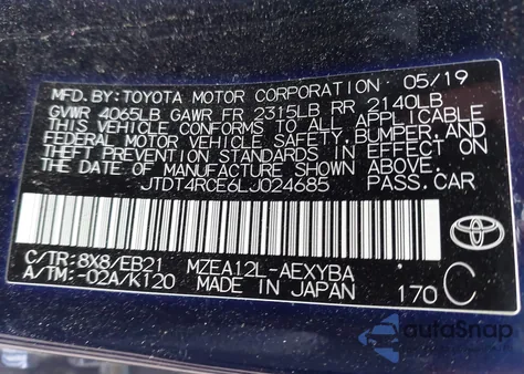 2020 Toyota Corolla Xse из США, поврежденный, VIN JTDT4RCE6LJ024685